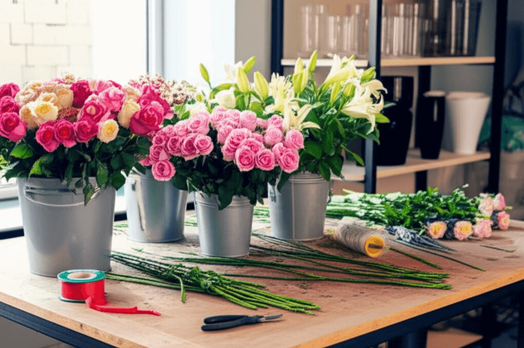 Professional florist creating beautiful flower arrangements