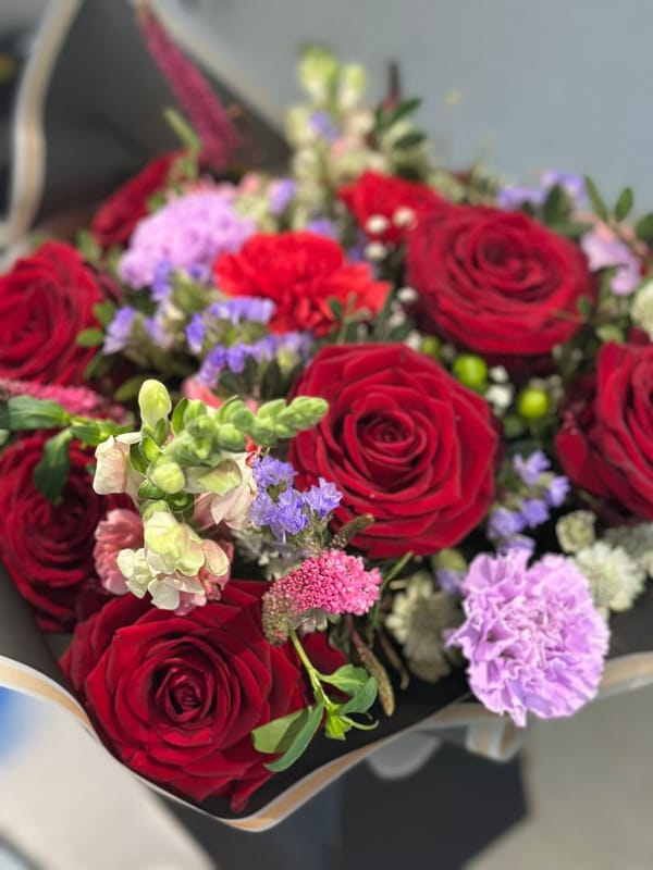 Red Roses & Purple Scabiosa Basket